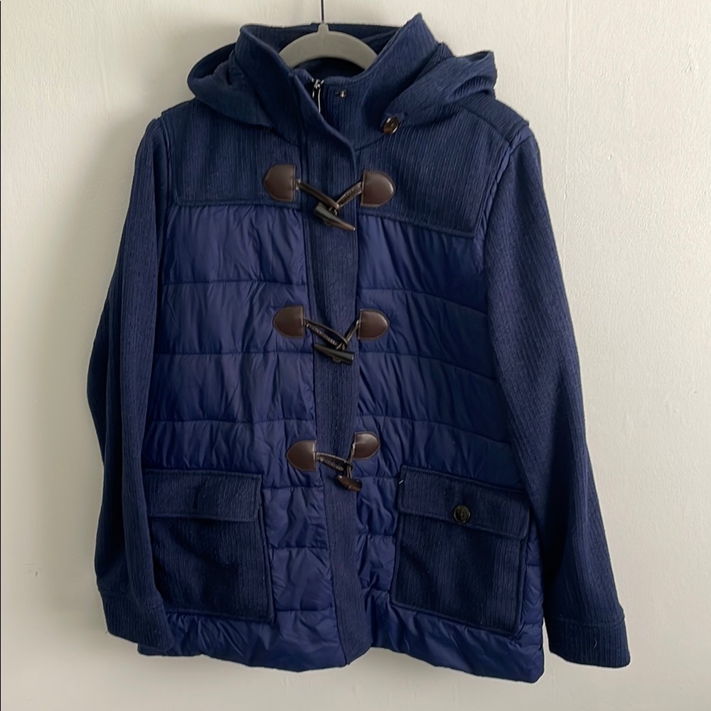 Lands End Blue Toggle Knit Puffer Coat with Removable Hood - Picture 1 of 9